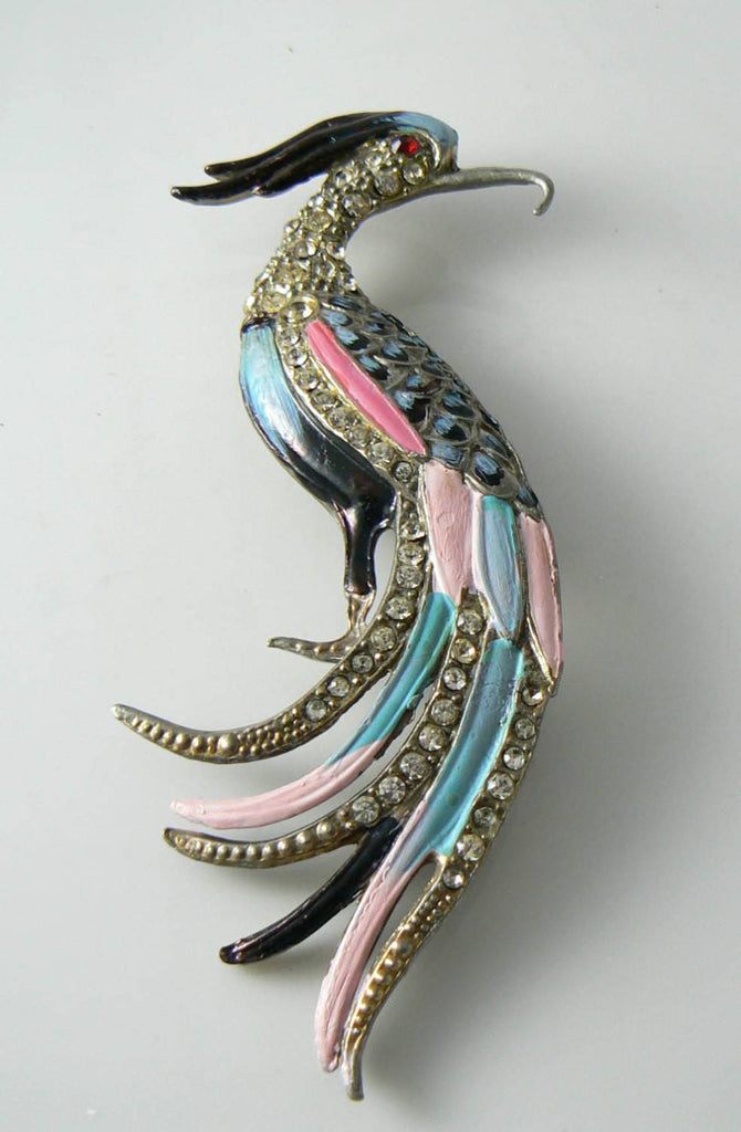 Art Deco Bird Of Paradise Enamel, Rhinestone, Pot Metal Brooch - Vintage Lane Jewelry