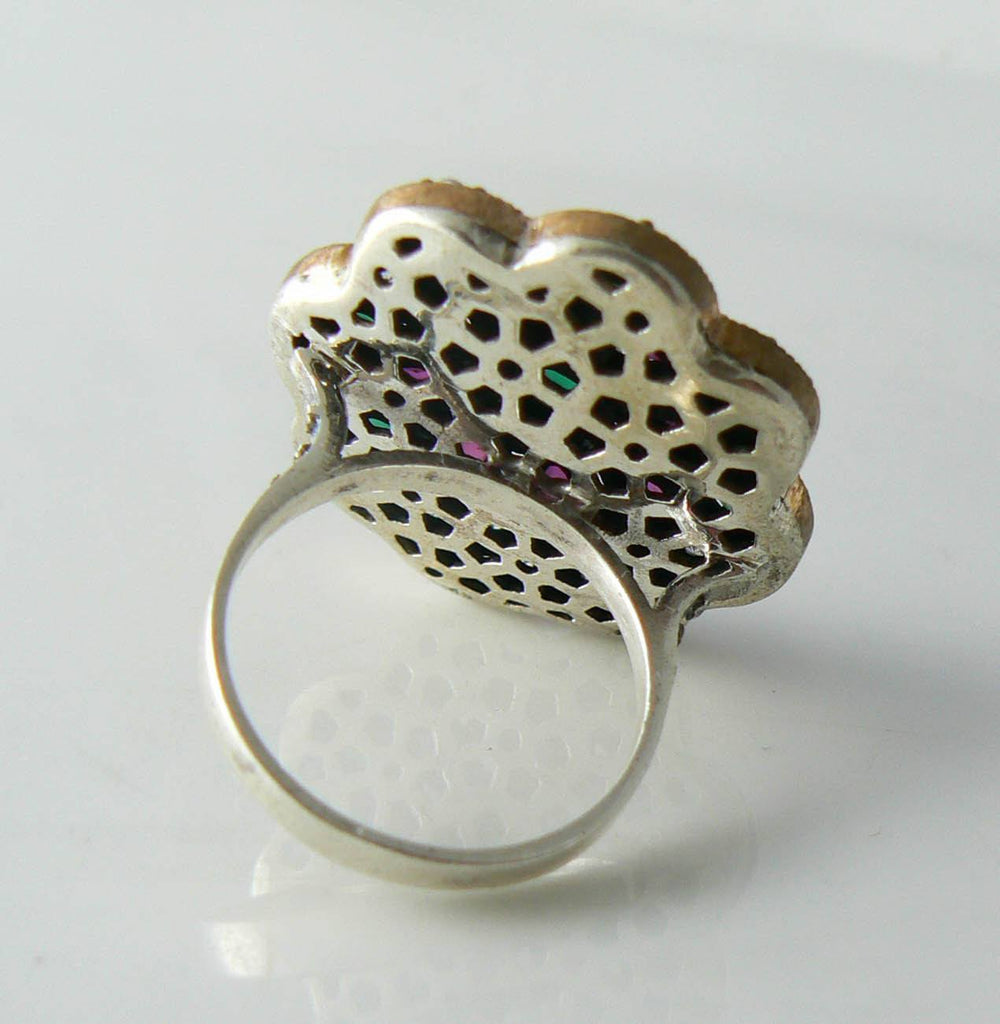 Art Deco Rose Gold Sterling Emerald, Ruby And White Sapphire Ring - Vintage Lane Jewelry