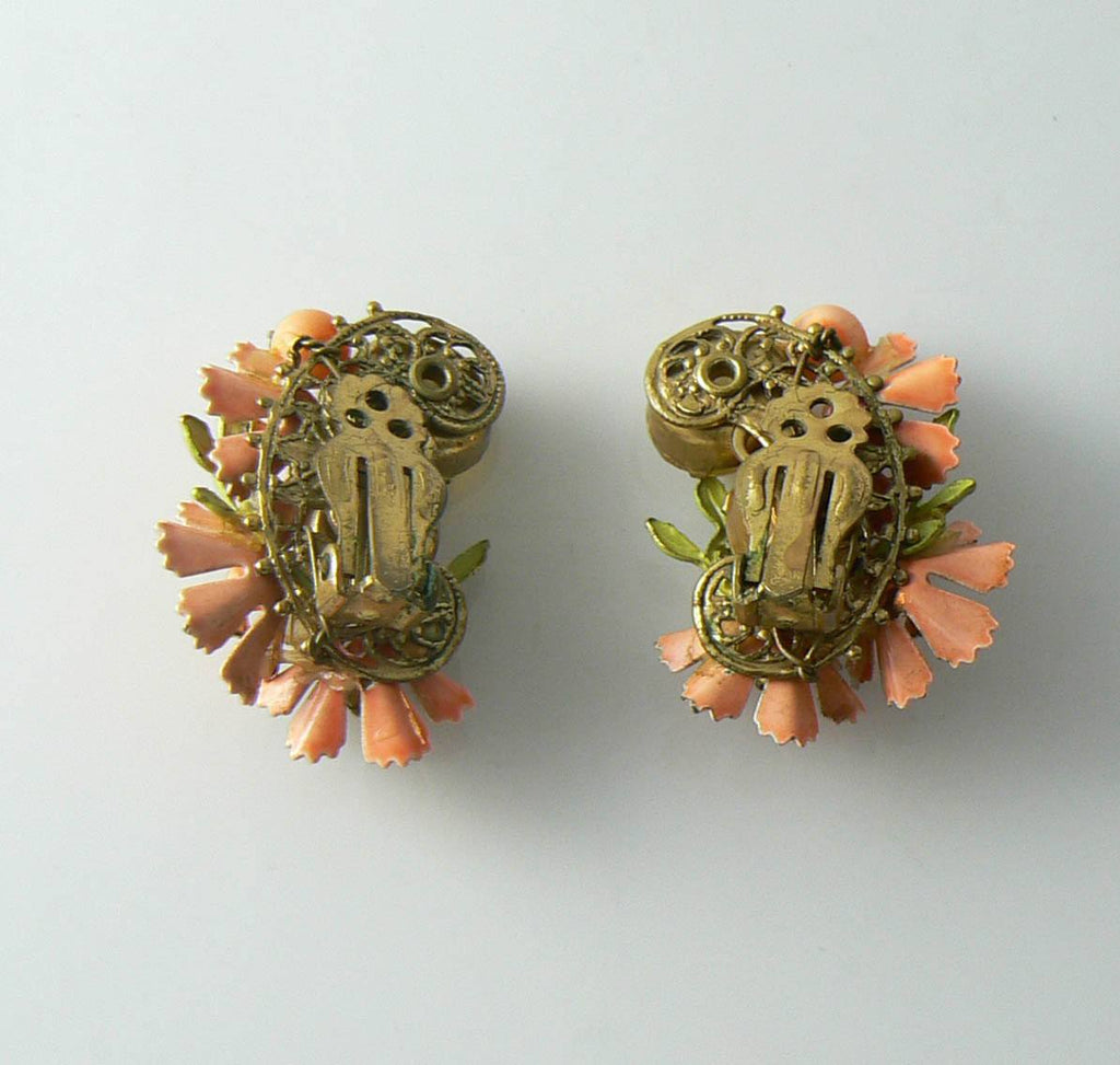 Vintage Early Miriam Haskell Enameled Flower Rhinestone Earrings - Vintage Lane Jewelry
