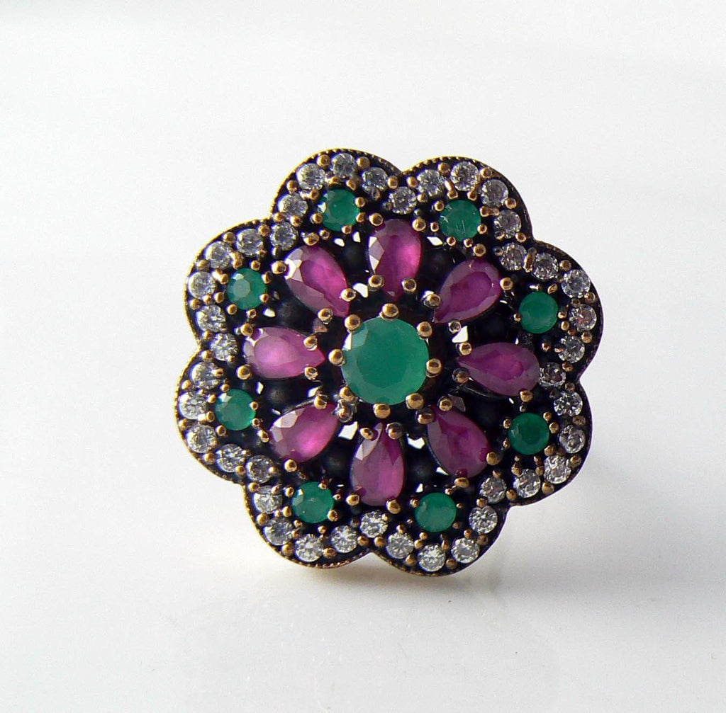Art Deco Rose Gold Sterling Emerald, Ruby And White Sapphire Ring