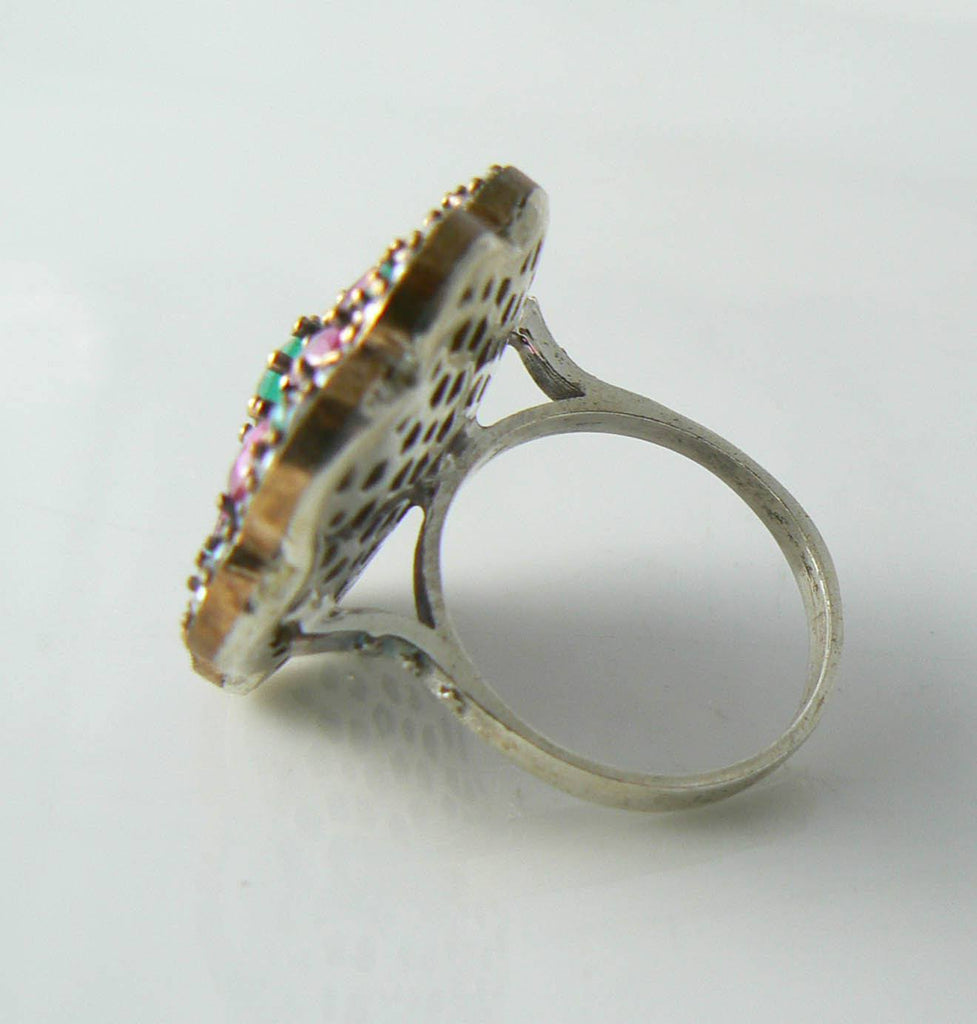 Art Deco Rose Gold Sterling Emerald, Ruby And White Sapphire Ring - Vintage Lane Jewelry