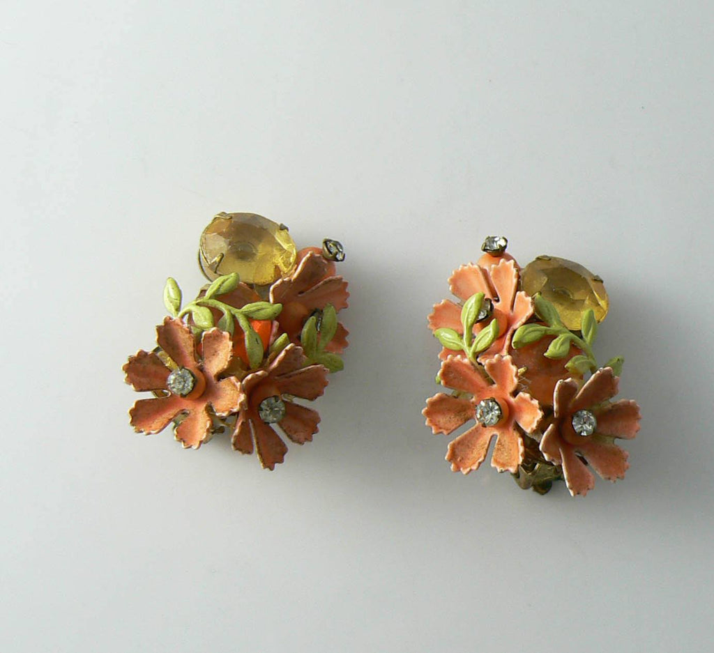 Vintage Early Miriam Haskell Enameled Flower Rhinestone Earrings
