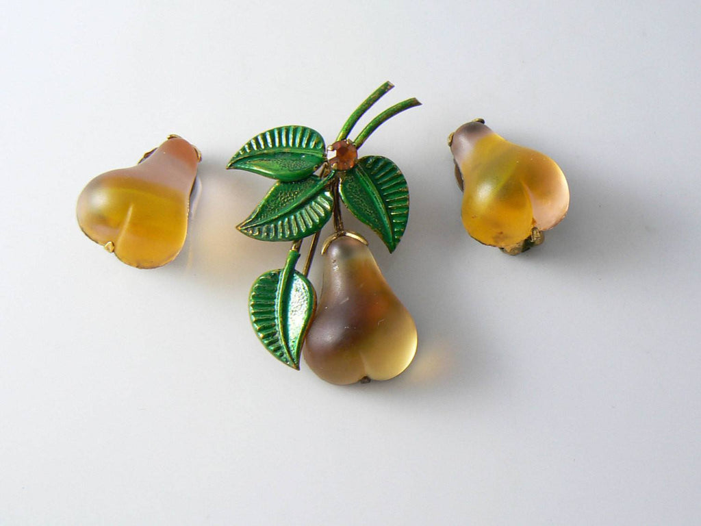 Austria Crystal Pear Fruit Pin And Earrings - Vintage Lane Jewelry