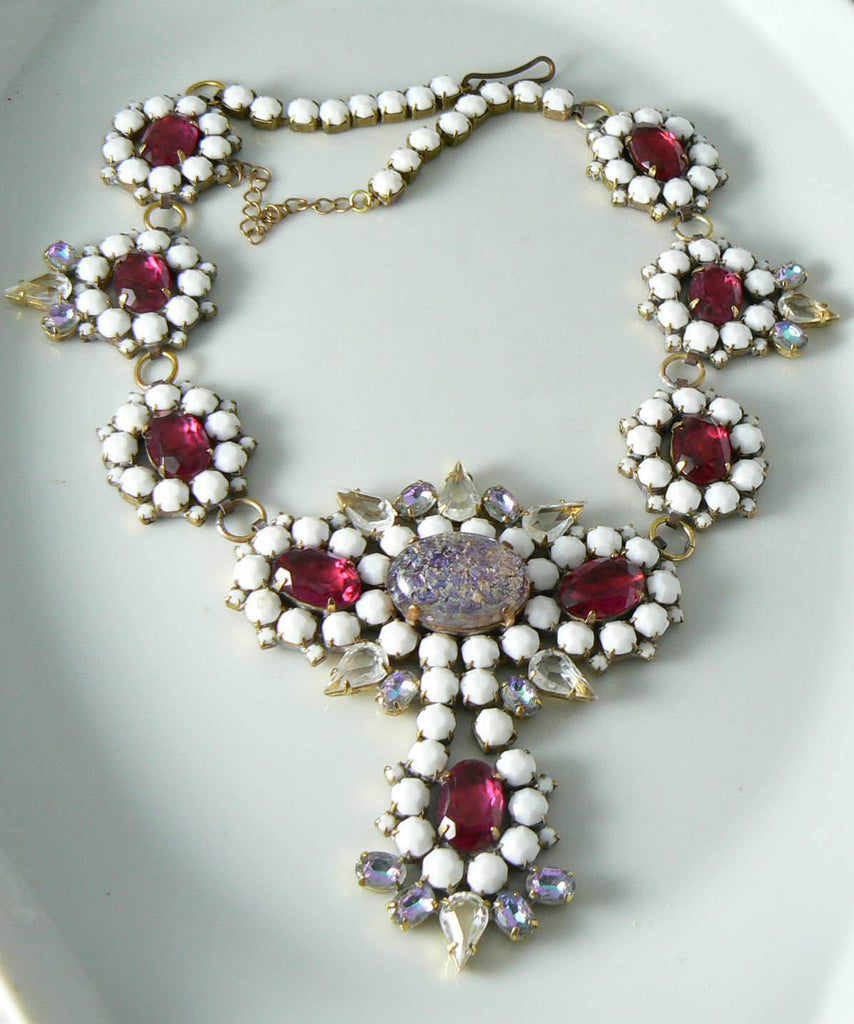 Czech Ruby Red And White Glass Statement Necklace - Vintage Lane Jewelry