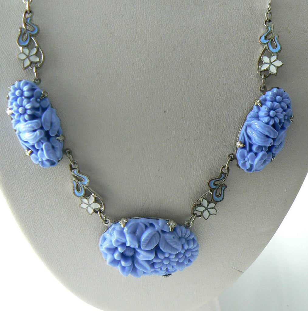 Art Deco Blue Molded Glass With Enamel Flowers Vintage Necklace
