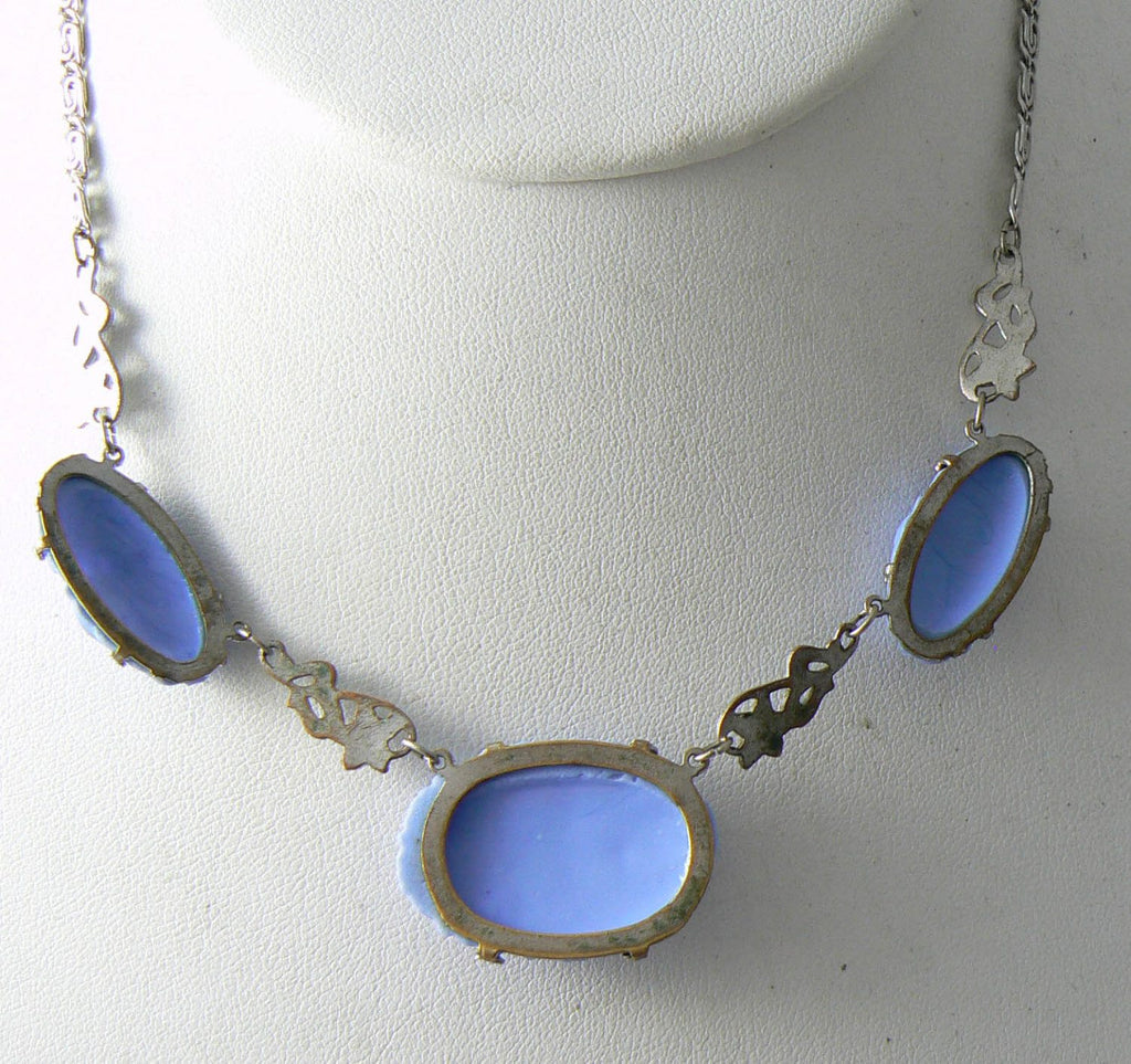 Art Deco Blue Molded Glass With Enamel Flowers Vintage Necklace - Vintage Lane Jewelry