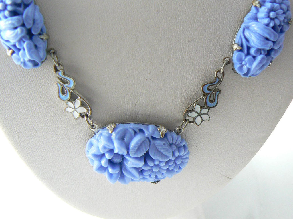 Art Deco Blue Molded Glass With Enamel Flowers Vintage Necklace - Vintage Lane Jewelry
