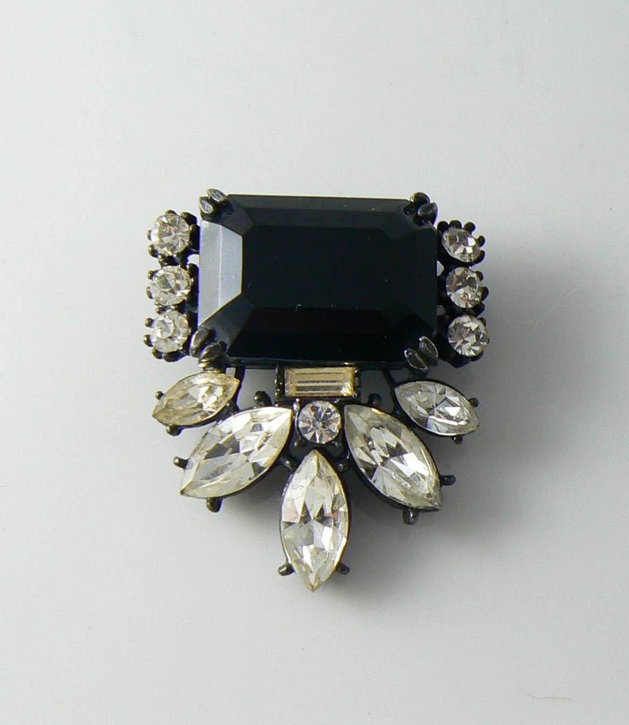 Vintage Black Glass And Rhinestone Japanned Brooch