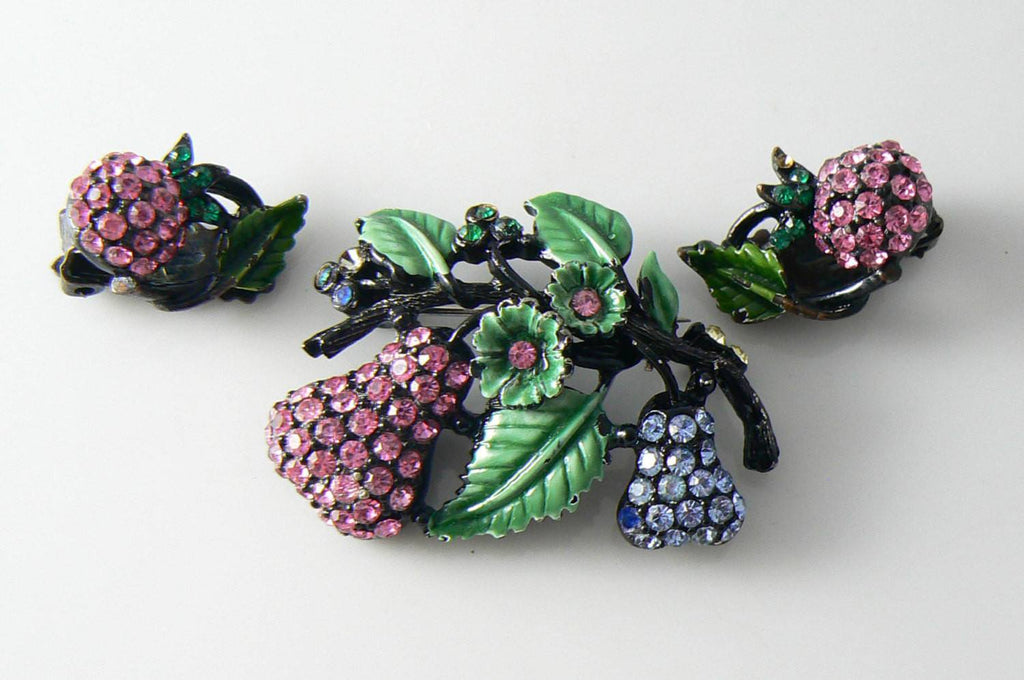 Vintage Hollycraft Pink, Blue And Green Rhinestone Enamel Demi Parure