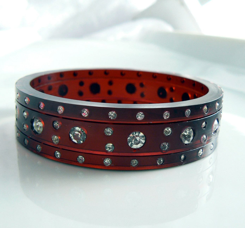 Vintage Cherry Juice Prystal Edge Cut Triple Bakelite Bangle with Rhinestones