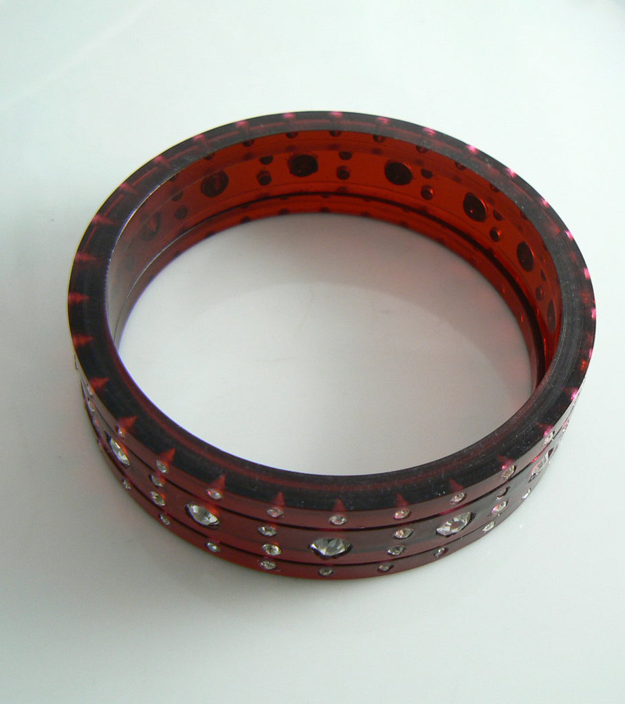 Vintage Cherry Juice Prystal Edge Cut Triple Bakelite Bangle with Rhinestones - Vintage Lane Jewelry