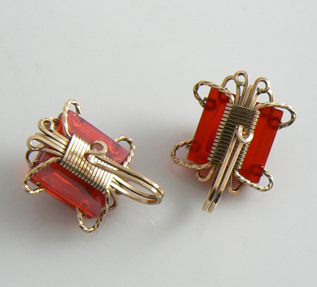 Vintage Gold Filled Red Lucite Panel Necklace Bracelet Earrings - Vintage Lane Jewelry