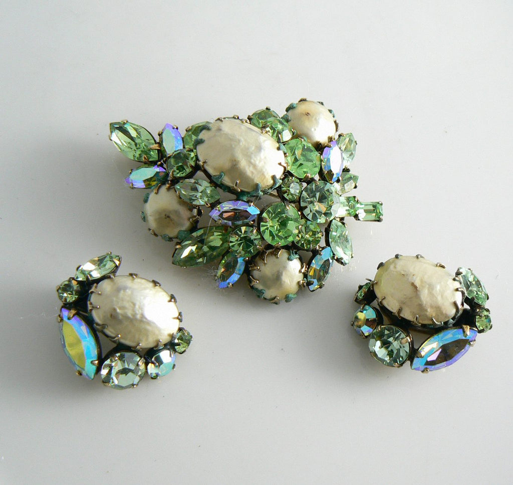 Vintage Regency Green Rhinestone And Baroque Pearl Demi Parure