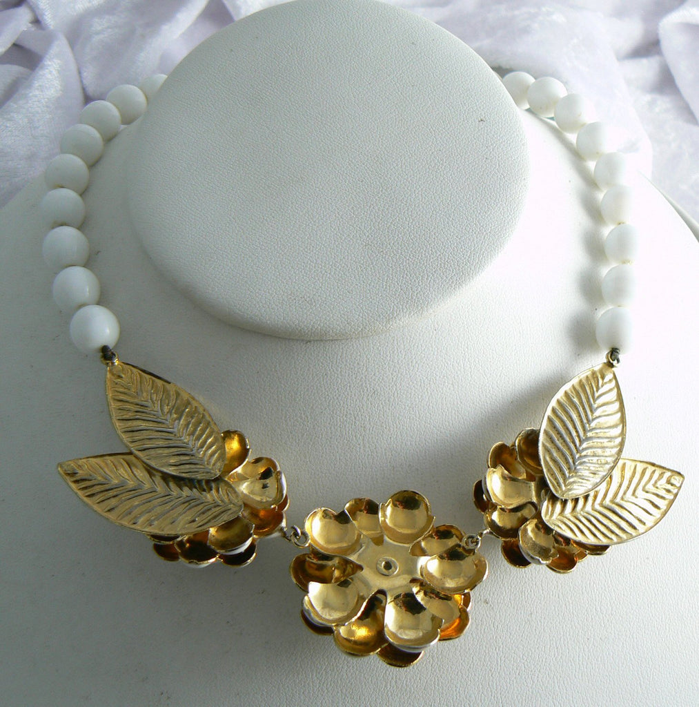 Beautiful Huge White Glass Enamel & Rhinestone Flowers Necklace - Vintage Lane Jewelry