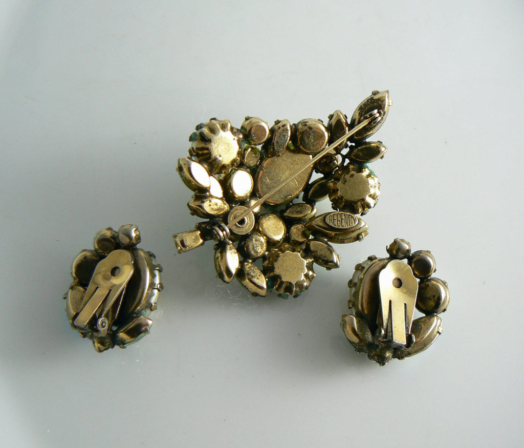 Vintage Regency Green Rhinestone And Baroque Pearl Demi Parure - Vintage Lane Jewelry