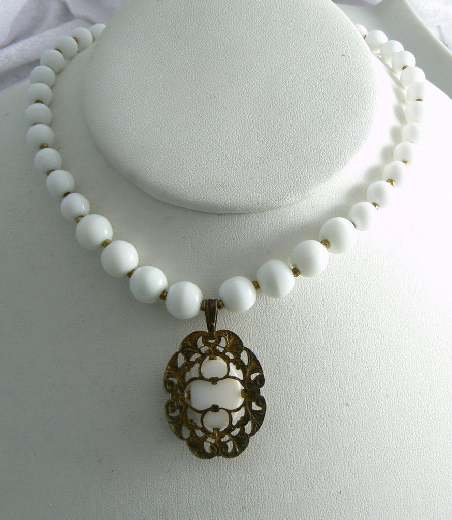 Miriam Haskell White Pendant Necklace - Vintage Lane Jewelry