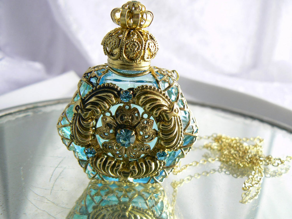 Jeweled Gold Tone Filigree Flower Perfume Bottle Necklace