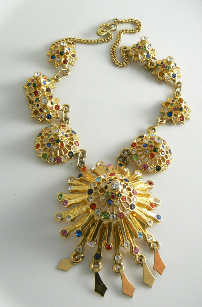 Large Gold Tone Multicolored Rhinestone Necklace