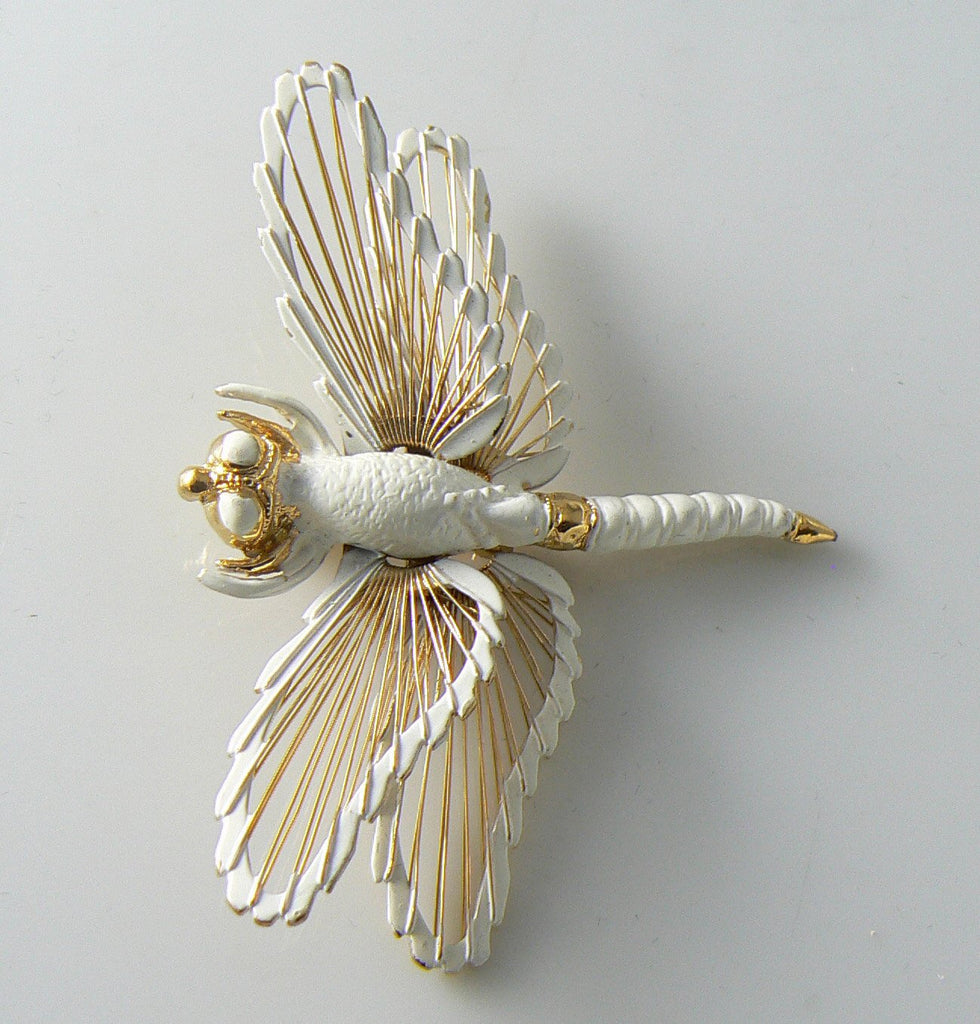 Vintage Monet White Enamel Filigree Dragonfly