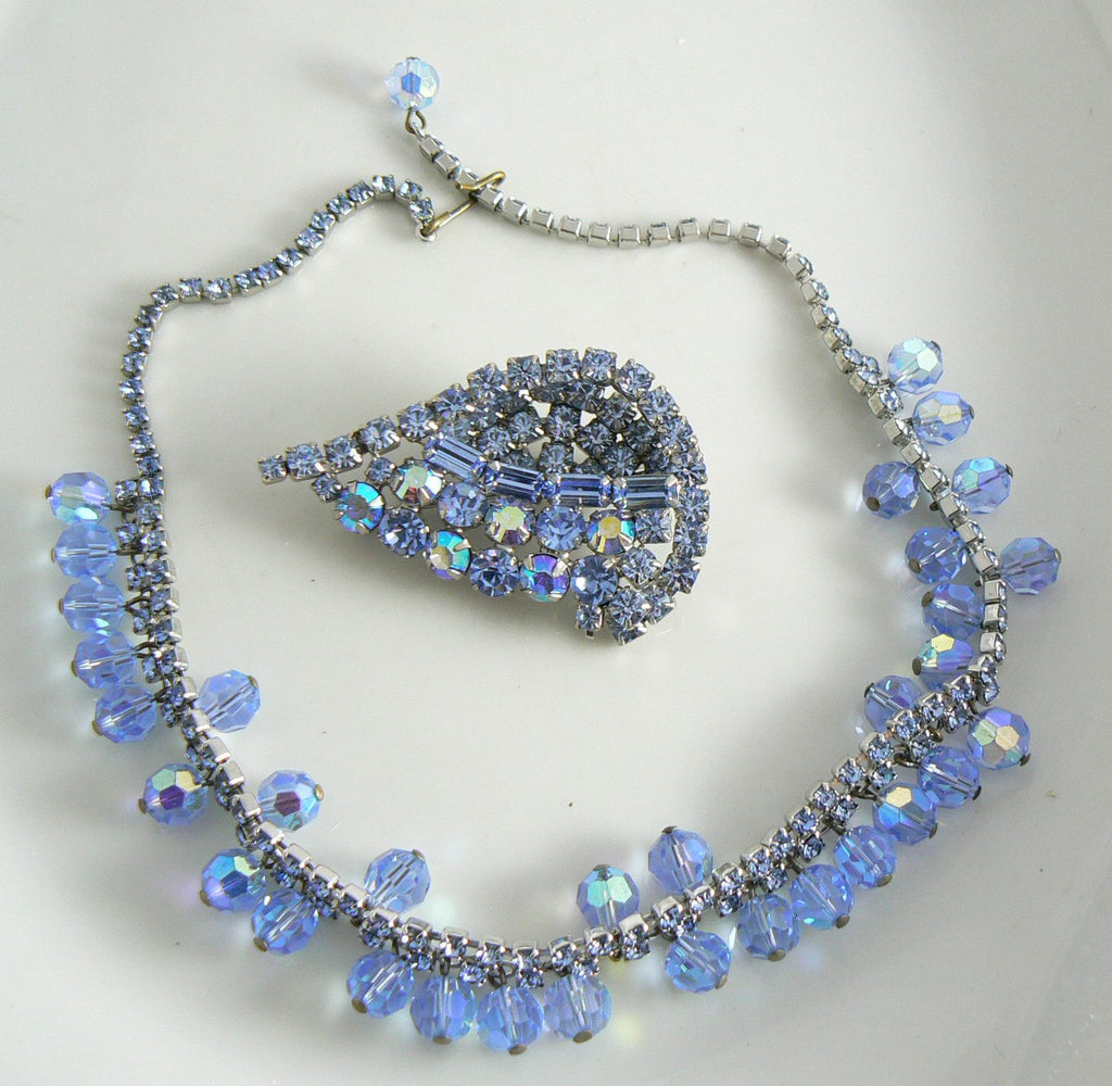Beautiful Blue Rhinestone And Crystal Vintage Necklace Brooch Set - Vintage Lane Jewelry
