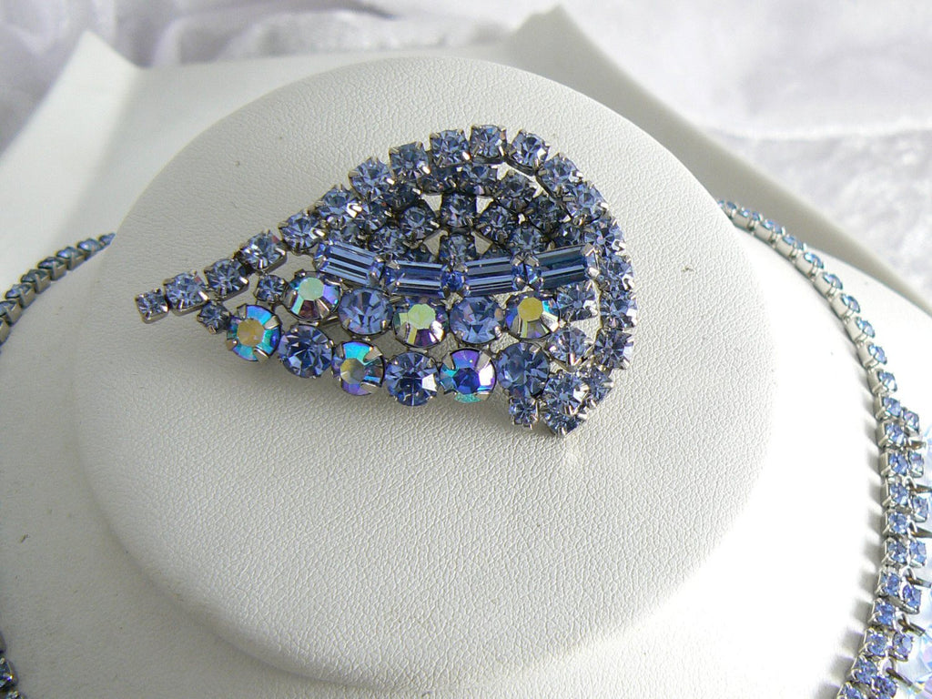 Beautiful Blue Rhinestone And Crystal Vintage Necklace Brooch Set - Vintage Lane Jewelry