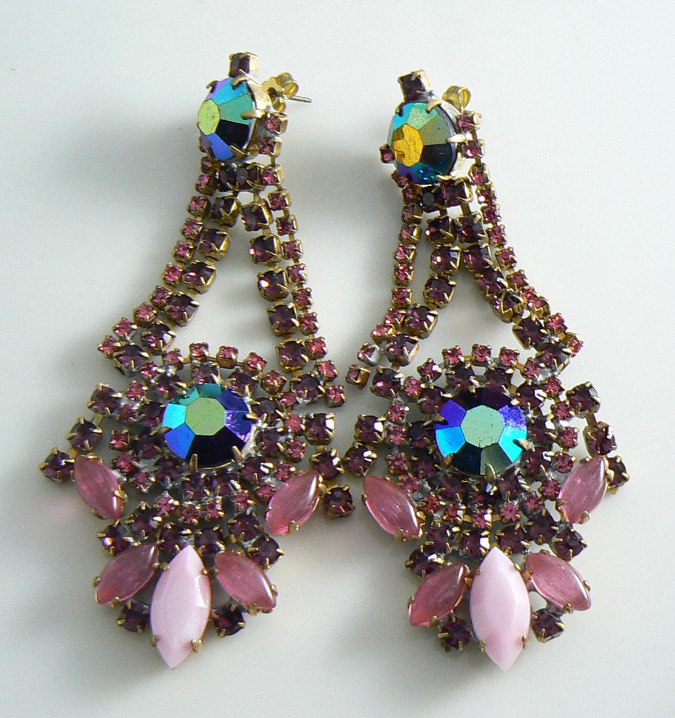 Czech Glass Bijoux Rhinestone Pink And Purple Pierced Style Earrings