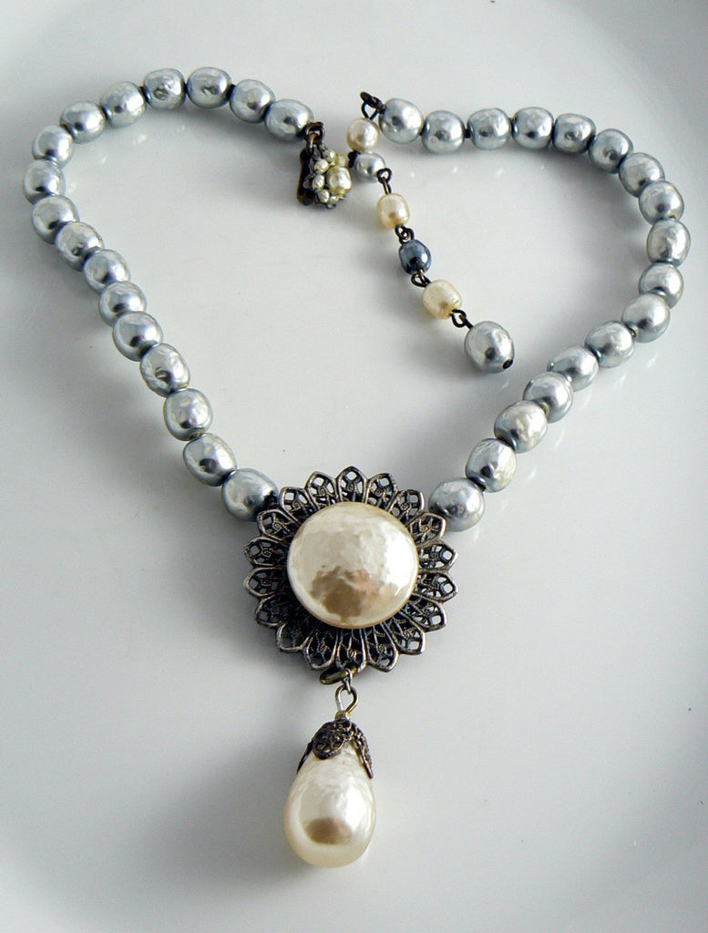 Miriam Haskell Two Tone Baroque Pearl Lavaliere Teardrop Necklace