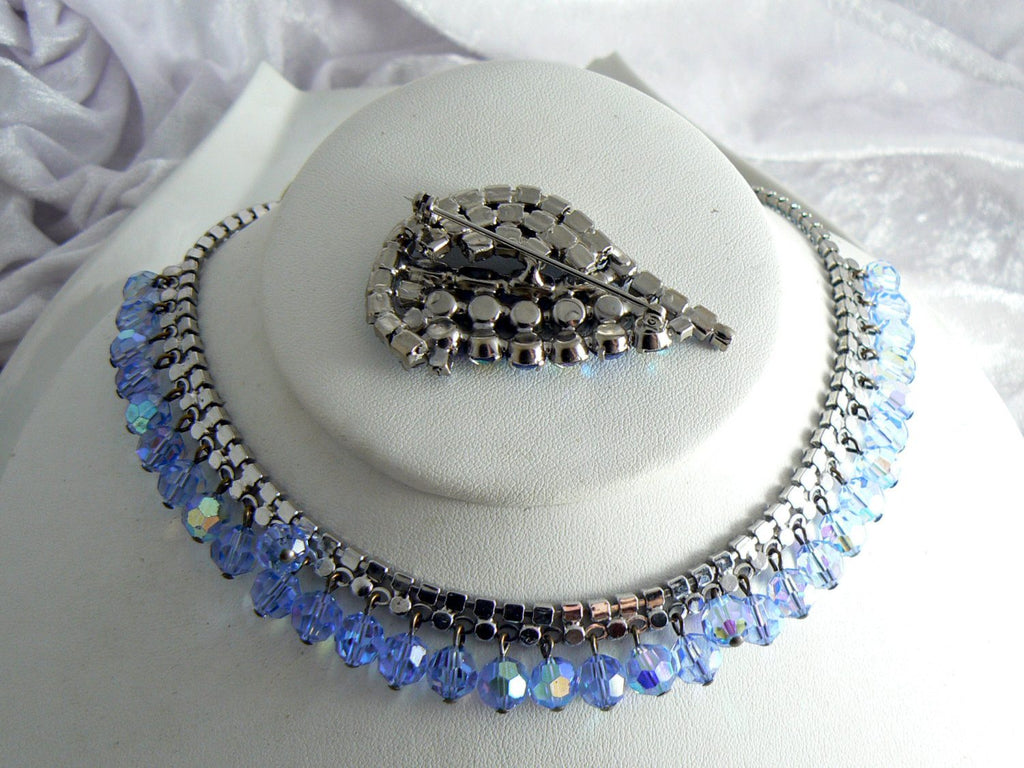 Beautiful Blue Rhinestone And Crystal Vintage Necklace Brooch Set - Vintage Lane Jewelry