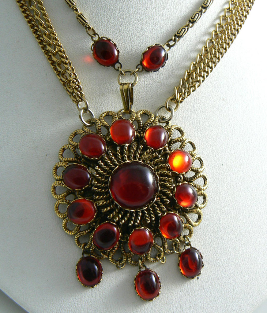 Romantic Blood Red Glass Cab Festooned Necklace