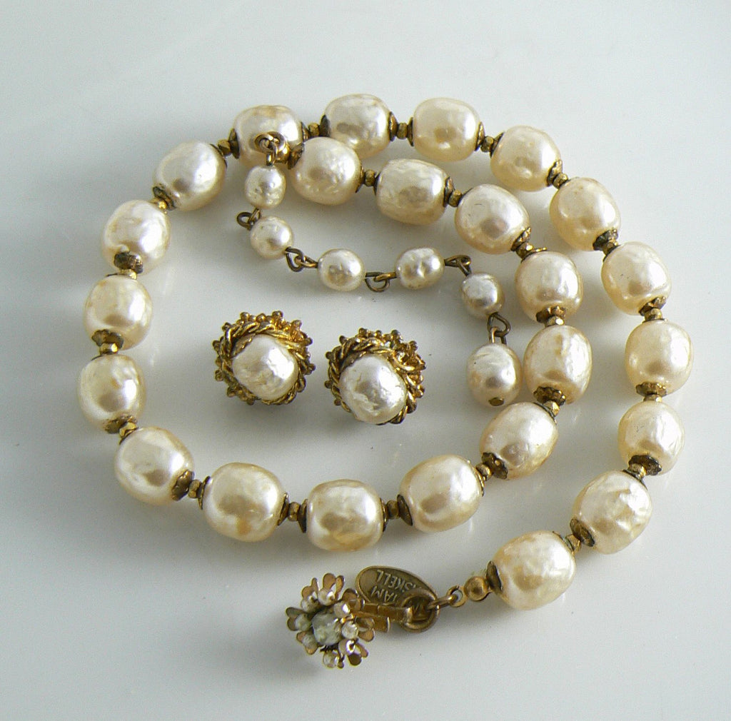 Classic Miriam Haskell Baroque Pearl Necklace Earring Set - Vintage Lane Jewelry