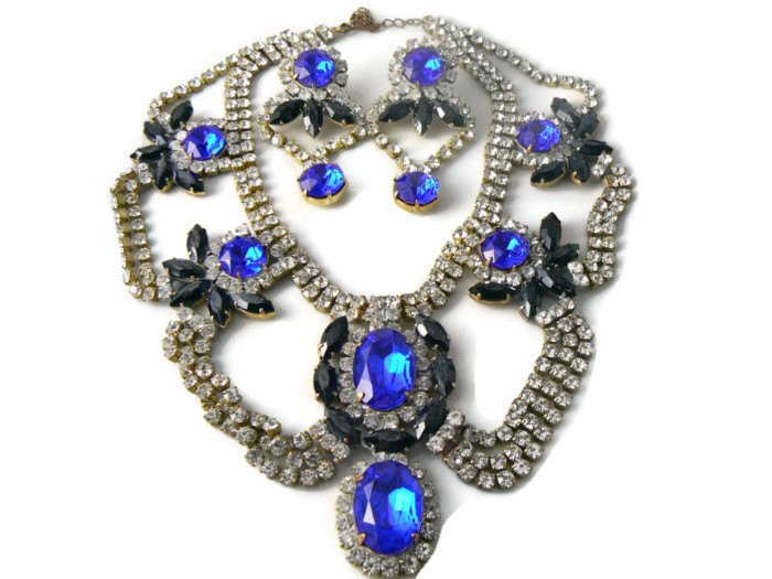 Stunning Czech Glass Sapphire Blue, Crystal And Black Set