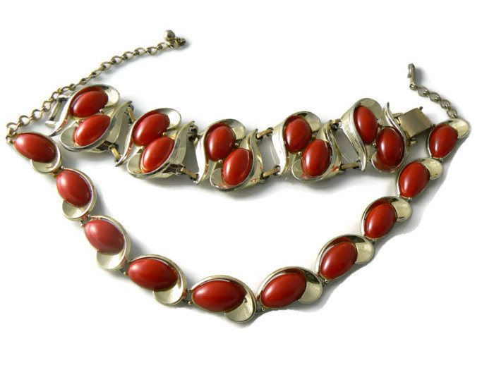 Striking Vintage Charel Red Cabachon Necklace and Bracelet Set