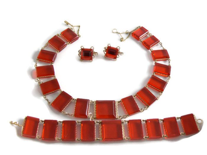 Vintage Gold Filled Red Lucite Panel Necklace Bracelet Earrings