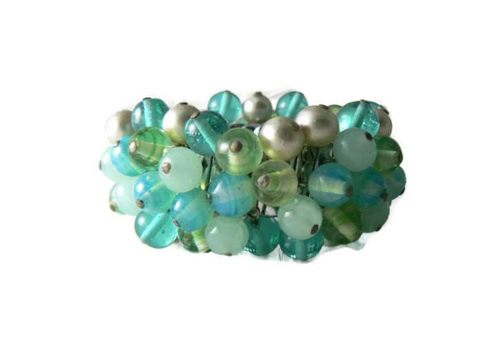 Vintage Expansion Cha Cha Bracelet Faux Pearls Art Glass Beads