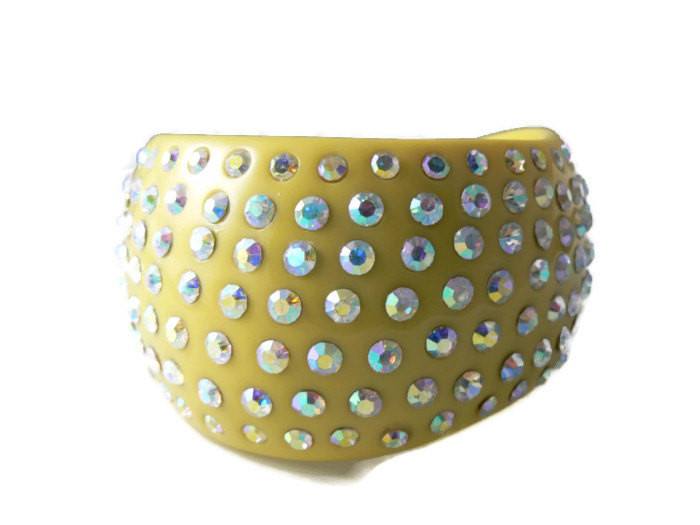 Huge Vintage Pale Yellow Lucite Ab Rhinestone Bangle