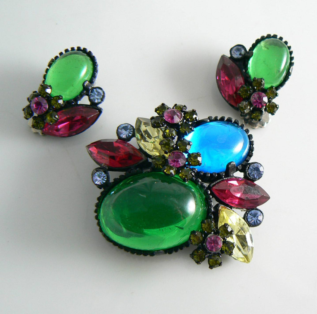 Vintage Glass Rhinestone Flowers And Jelly Belly Cabochons Demi Parure