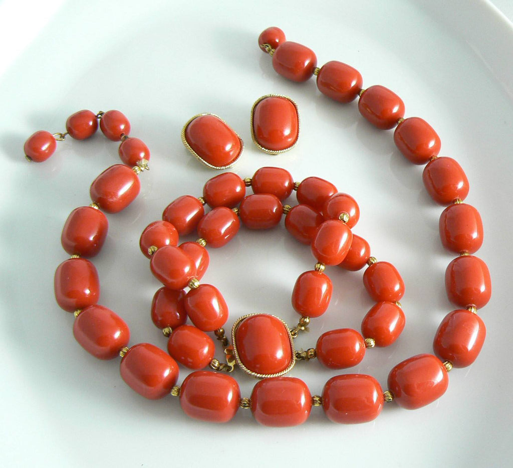 Marvella Red Lucite Necklace, Bracelet And Earring Set