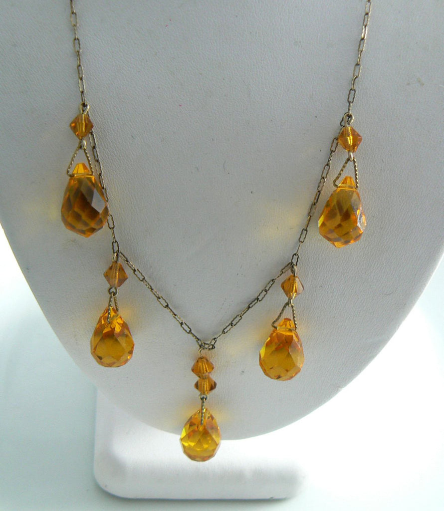 Art Deco Amber Glass Briolette Drop Necklace
