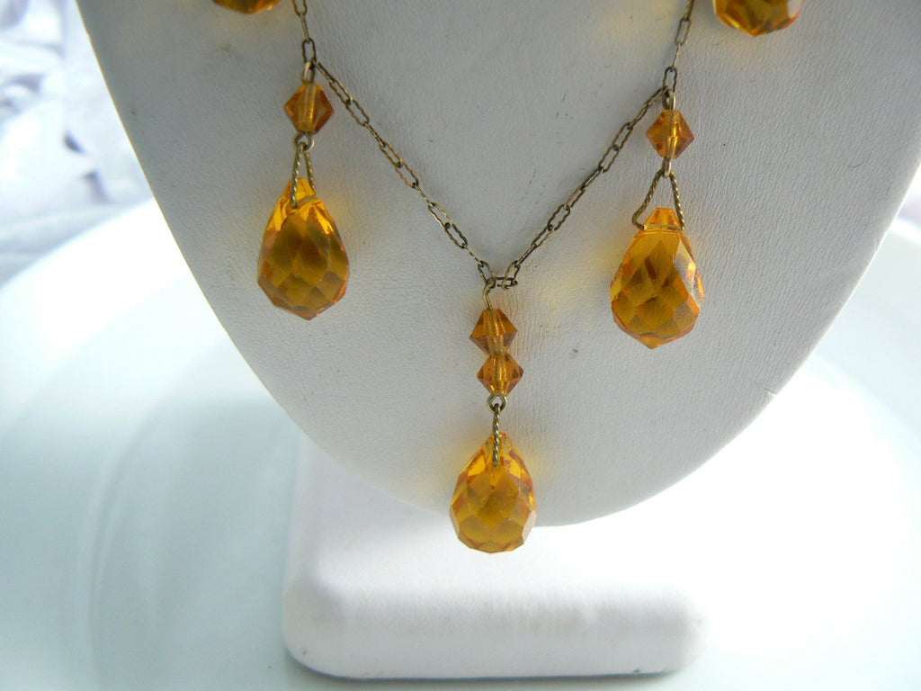 Art Deco Amber Glass Briolette Drop Necklace - Vintage Lane Jewelry