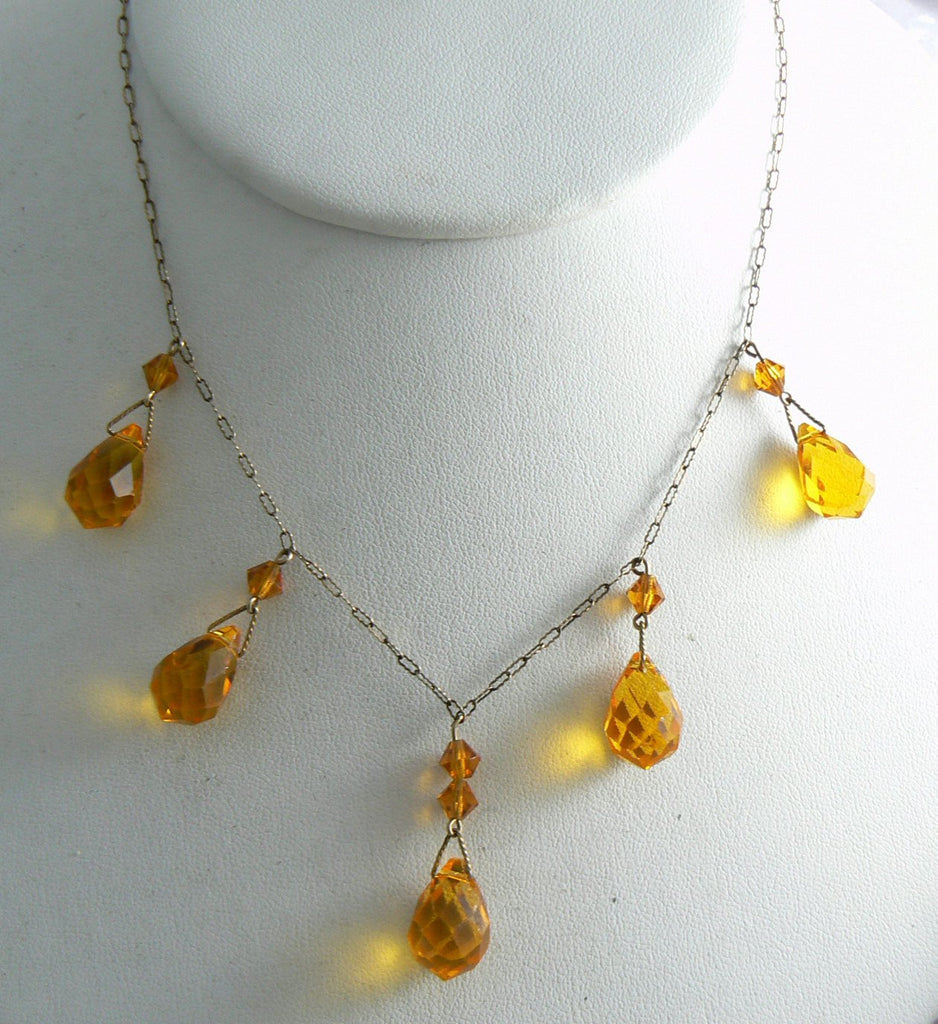 Art Deco Amber Glass Briolette Drop Necklace - Vintage Lane Jewelry