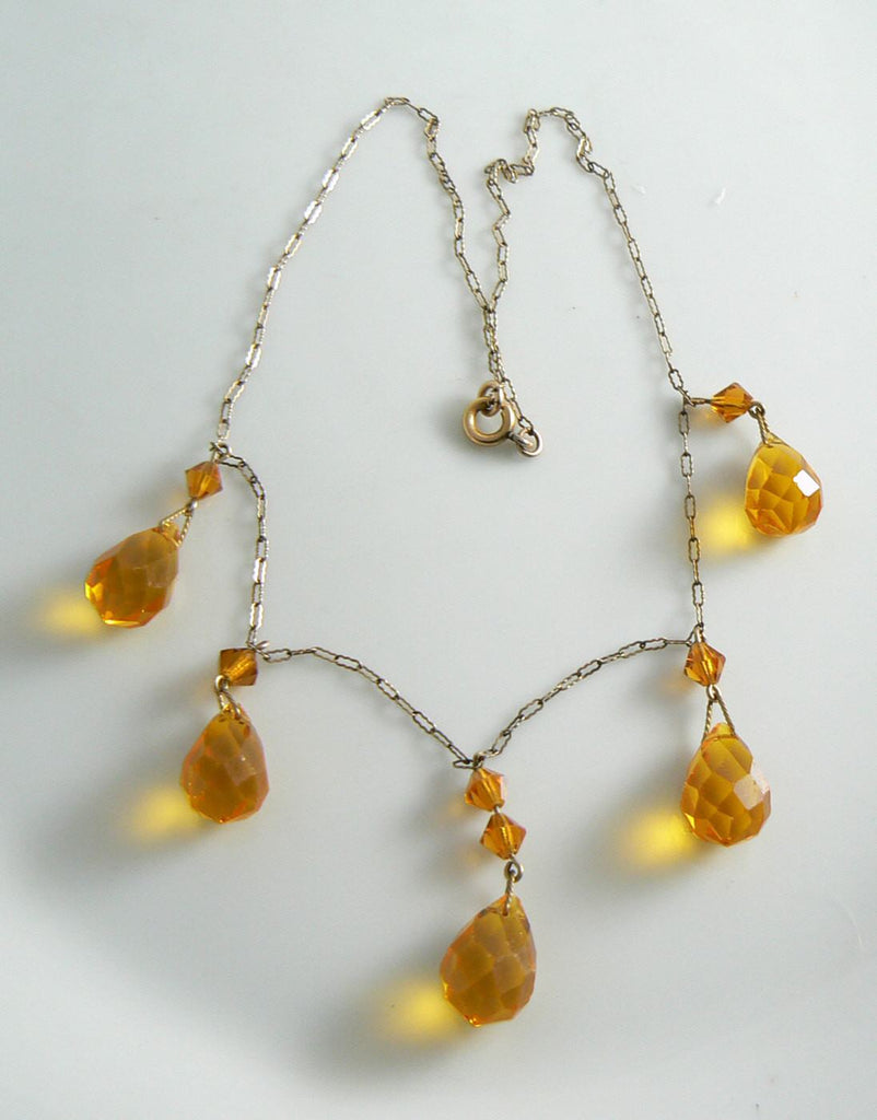 Art Deco Amber Glass Briolette Drop Necklace - Vintage Lane Jewelry