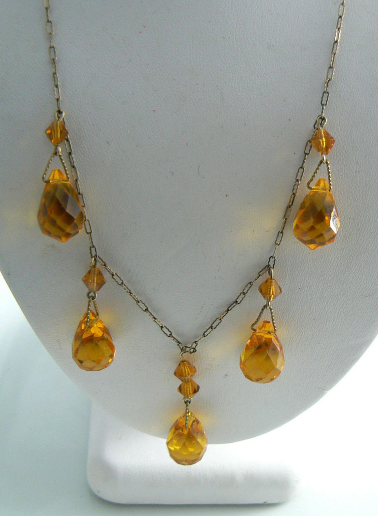 Art Deco Amber Glass Briolette Drop Necklace - Vintage Lane Jewelry