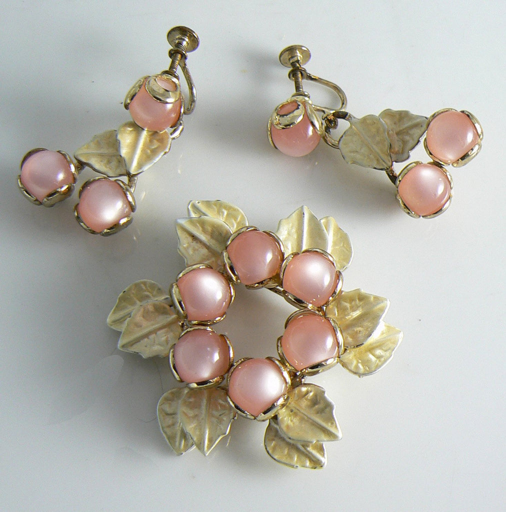 Vintage Pink Moonglow Lucite Enamel Brooch Dangle Earrings Set