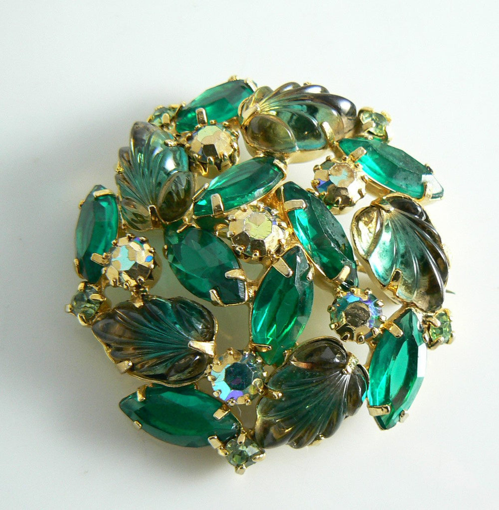 Juliana D & E Carved Givre Emerald Ab Glass Rhinestone Brooch