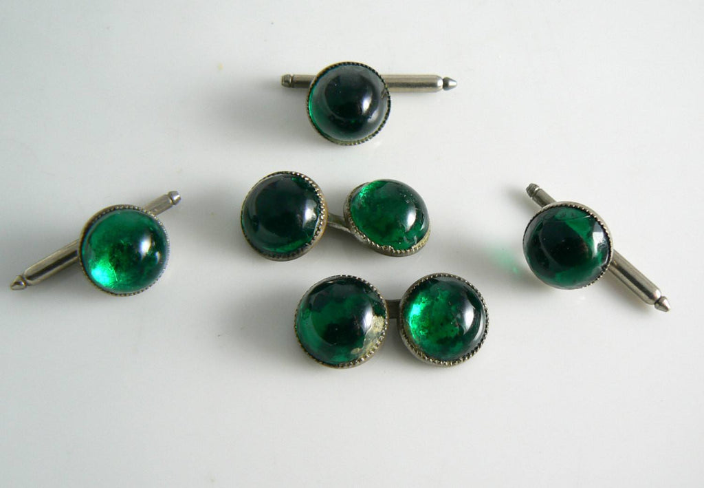 Vintage Emerald Green Glass Cabochon Cufflink Set