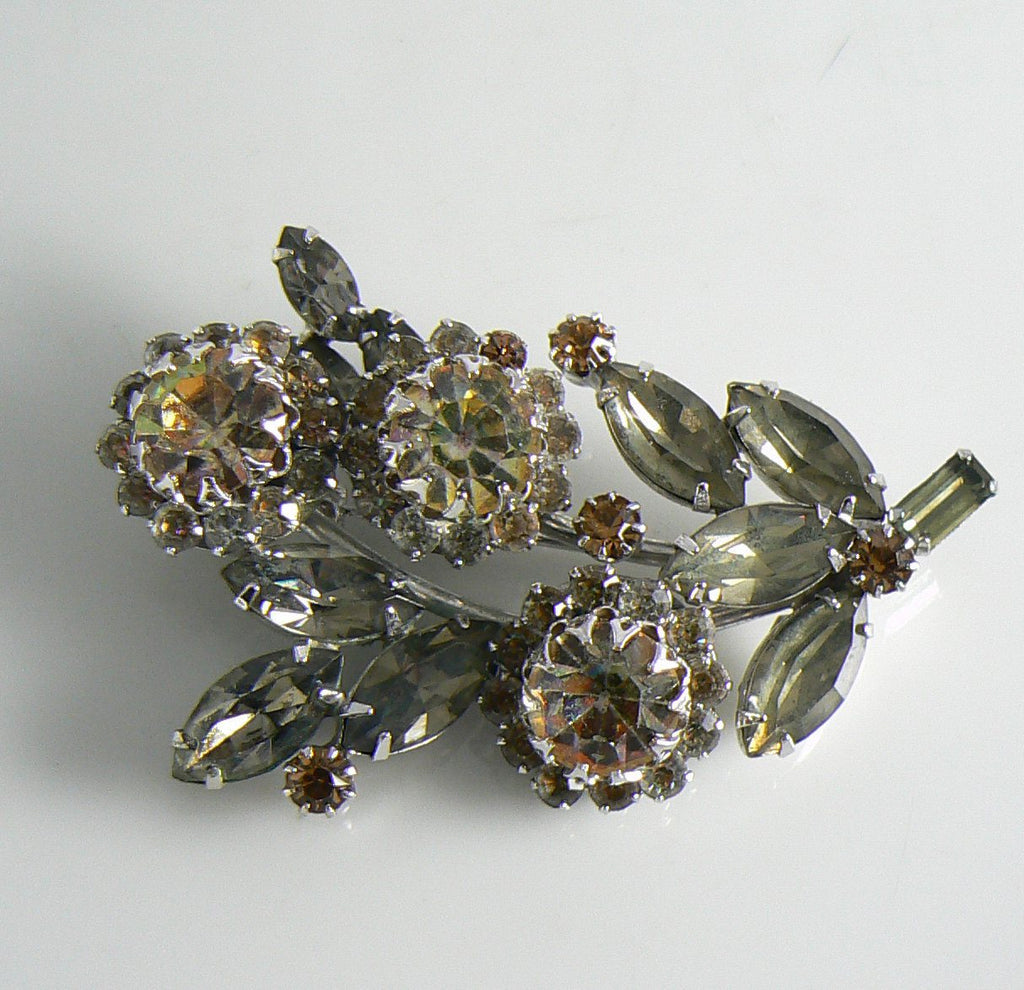 Vintage Vendome Smoky Gray Rhinestone Flower Brooch