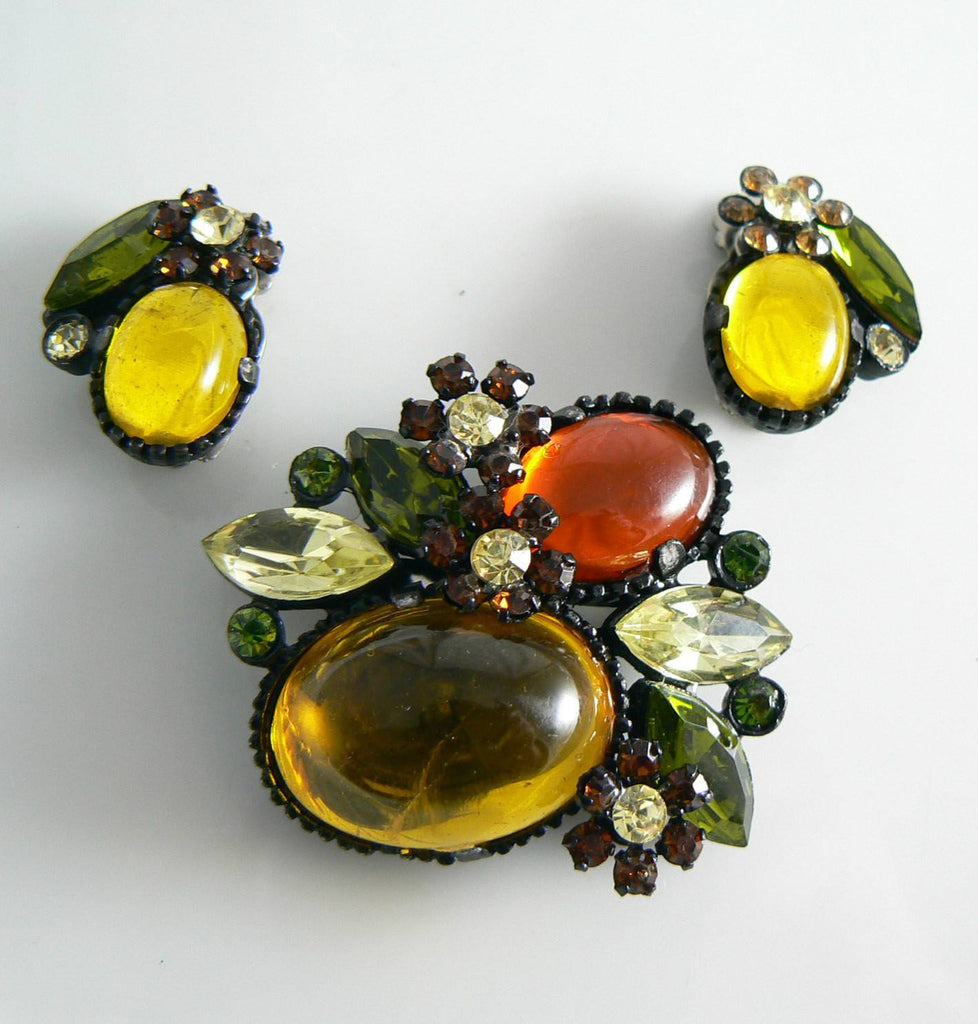 Lovely Glass Prong Set Stones Japanned Demi Parure