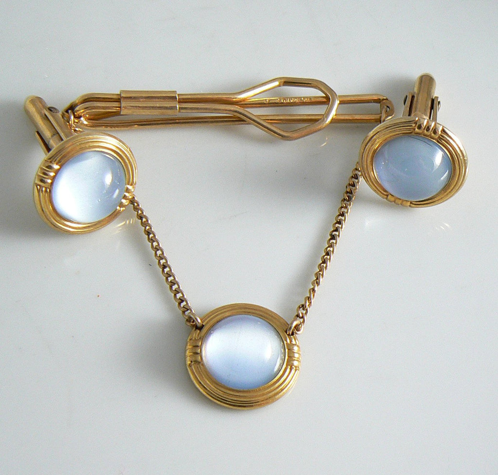 12 K Moon Stone Cuff Links And Tie Bar Set