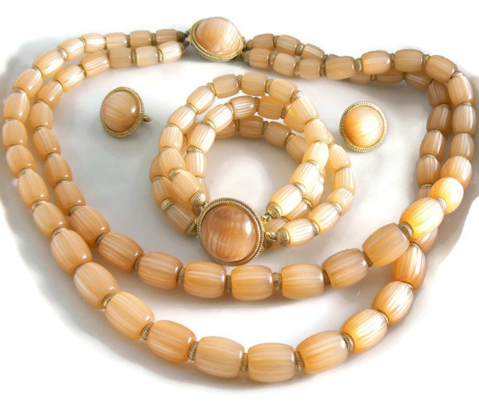 Trifari Full Parure Champagne Necklace Bracelet Earrings Signed Set