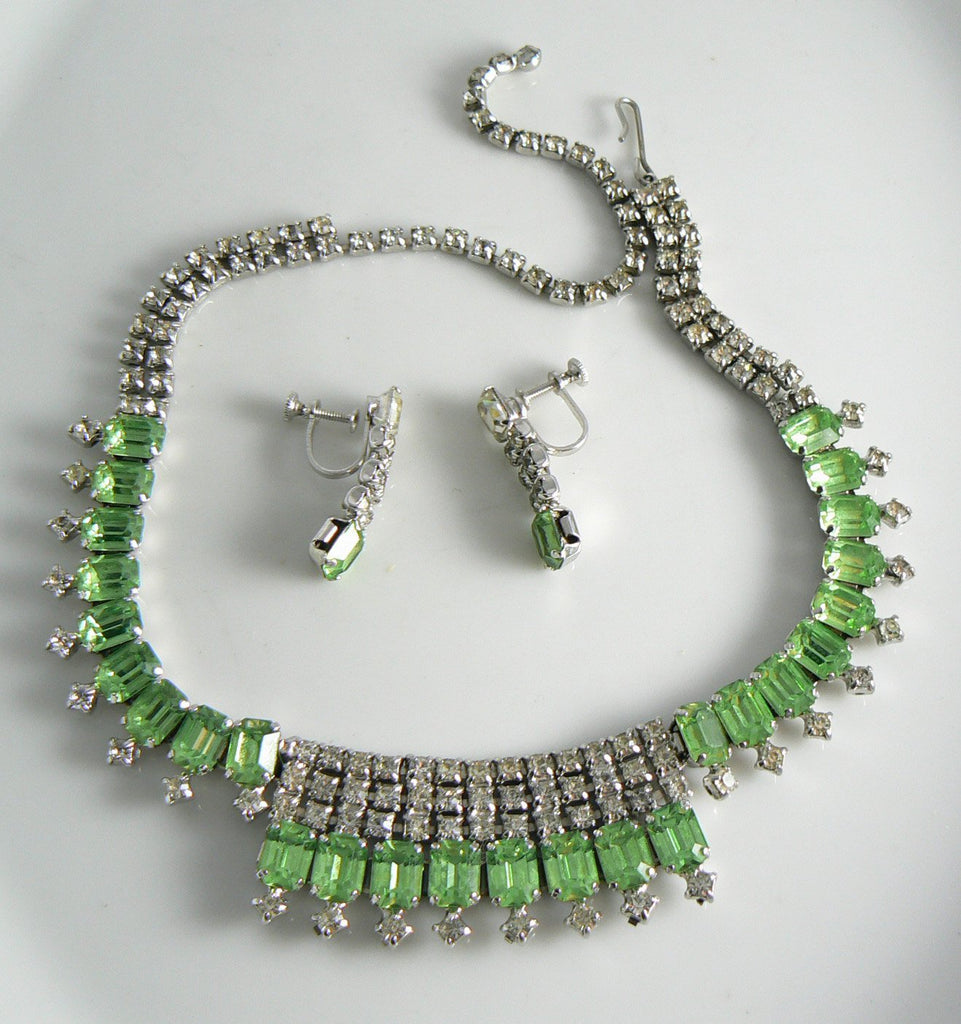 Vintage Peridot Green Rhinestone Necklace And Earring Set